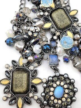 Chico’s Silver Statement Necklace Blue Gray Crystal Beaded Multi Strand